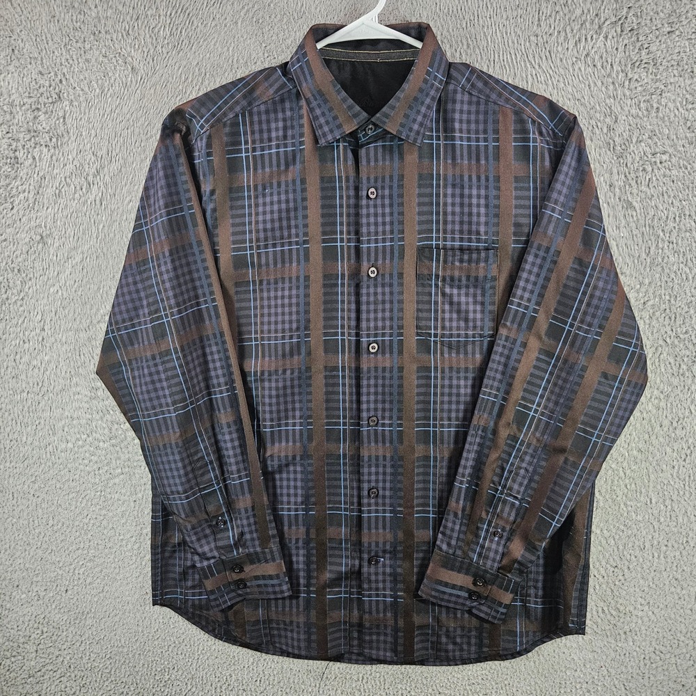 Tommy Bahama Mens Sz M 100% Silk Plaid Long Sleeve Button Down Shirt Brown Blue